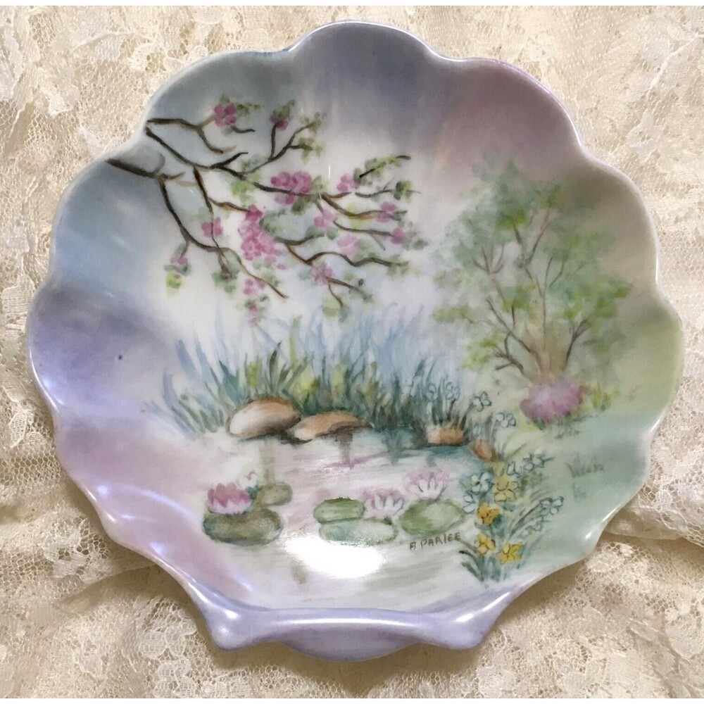 Vintage Trinket Dish Hand Painted Shell Shape Foral Spring Pond Spring Decor